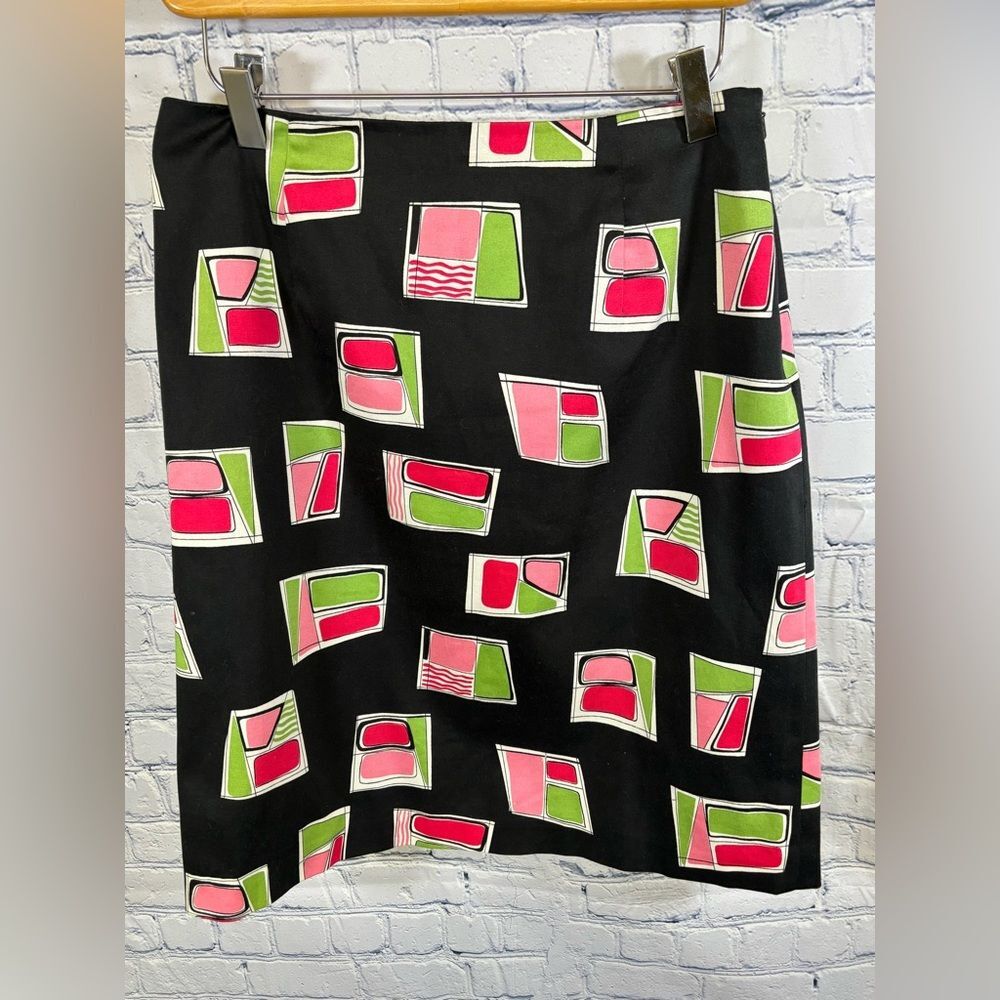 Talbots Stretch Black Pink Green Geo Mod Print Preppy Workwear Skirt Size 8